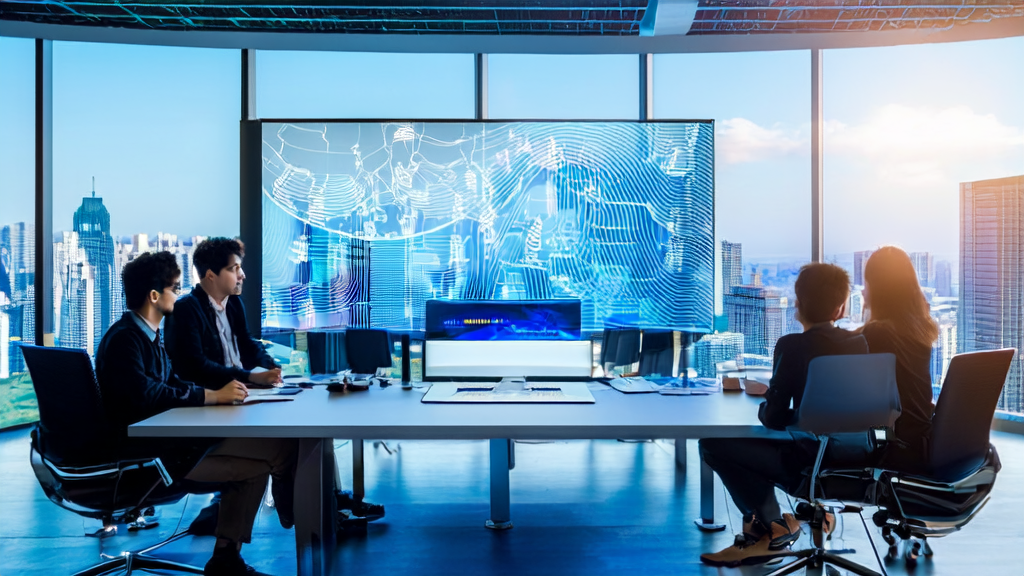 A modern office where a team is discussing AI marketing strategies with an intelligent marketing automation model displayed on the screen.