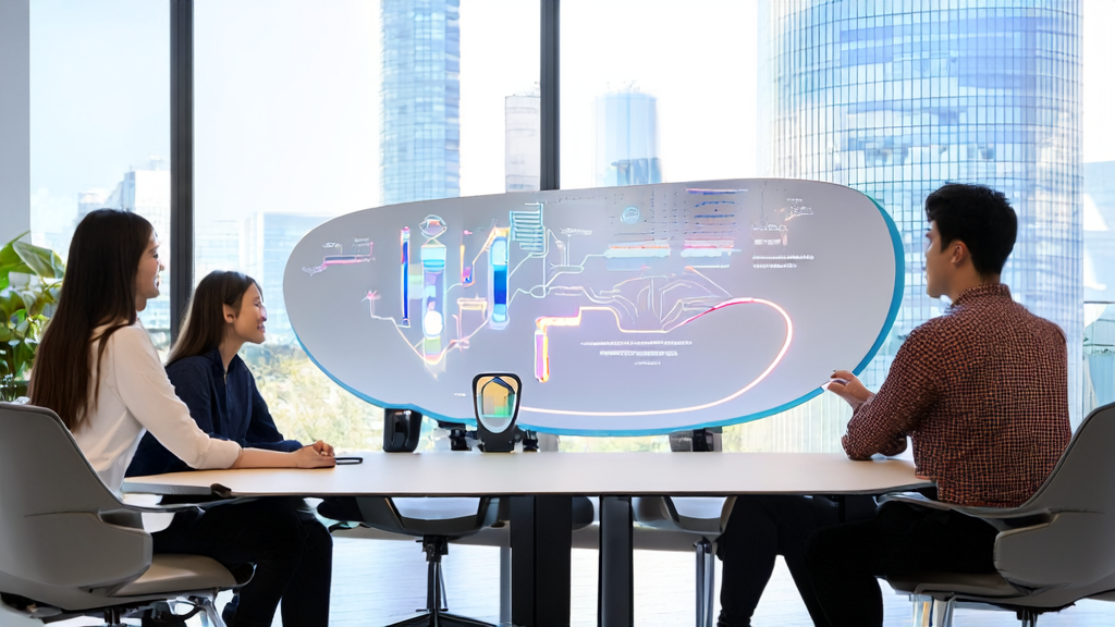 In a modern office, team members gather around to discuss AI marketing strategies, showcasing AI-driven customer acquisition solutions and embodied intelligence technology applications.