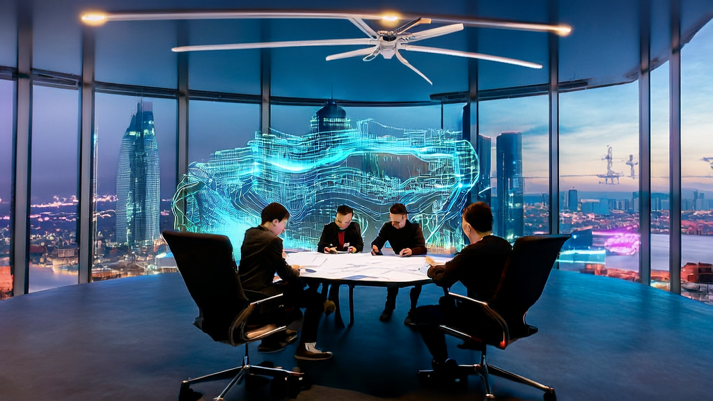 现代化办公室内，科技工作者讨论AI营销策略，窗外是繁华城市夜景