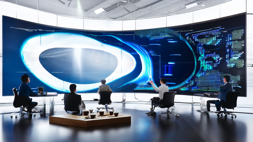 Professionals discussing AI prediction models in a modern office with Waver 1.0 video model-generated artistic style videos in the background