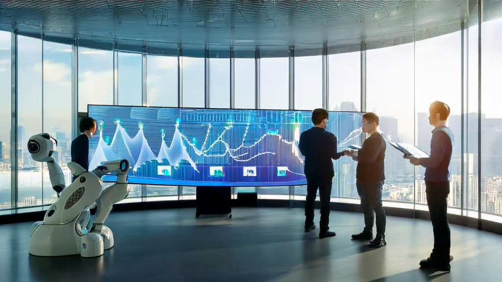 Employees in a modern office are discussing AI marketing strategies with sunlight streaming in, while a robot assistant analyzes customer data in the corner.