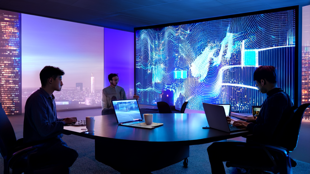 现代化办公室中，创业者们正在讨论AI驱动的邮件营销策略，窗外是繁华的城市夜景。