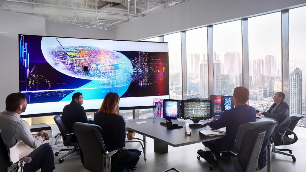 Employees in a modern office using AI to generate international marketing images