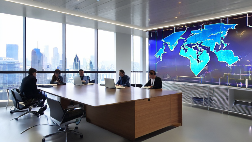 Modern office with employees discussing AI marketing innovation, world map on the wall, showcasing high-tech products