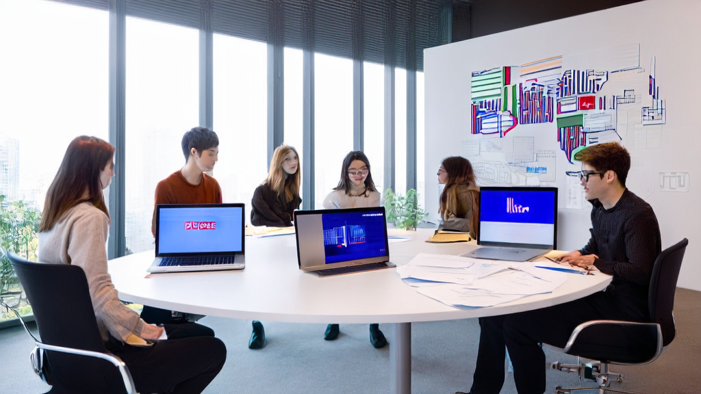 In a modern office, a team uses OptoChat AI and Google Maps for customer acquisition, with a large photonics chip model on the wall.