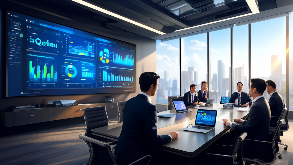 A business meeting in a modern office discussing AI marketing and LinkedIn customer management, with an Alibaba Cloud Qwen3 poster in the background