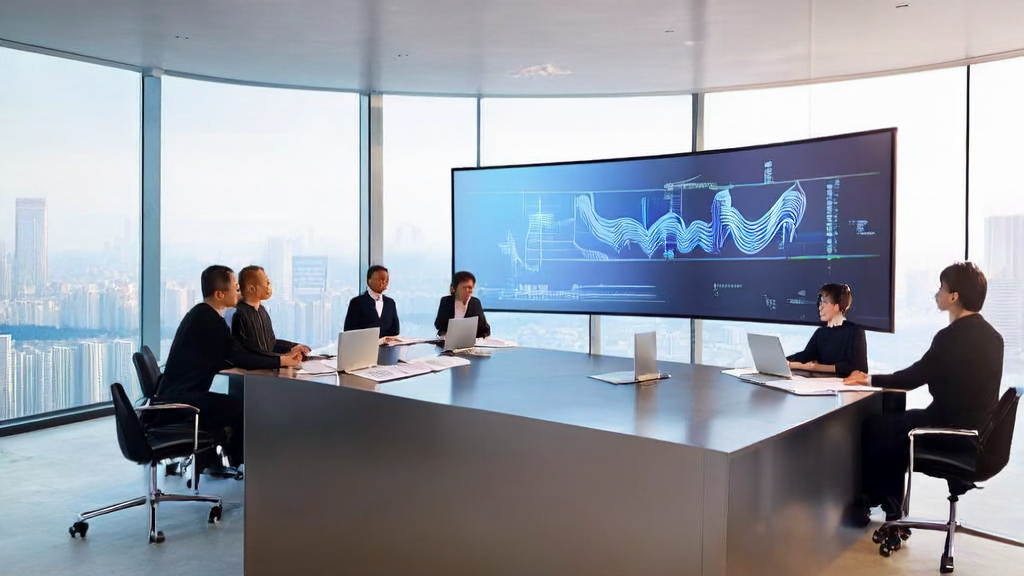A team in a modern office is discussing the application of JoyAI technology, with the city skyline in the background.
