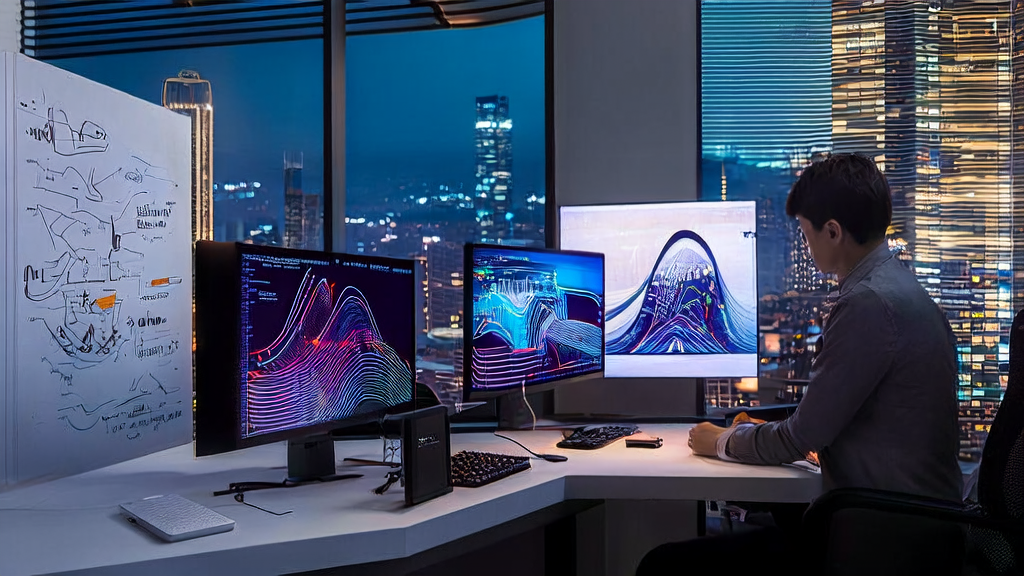An engineer in a modern office using Volcano Engine's PromptPilot platform to optimize AI marketing strategies