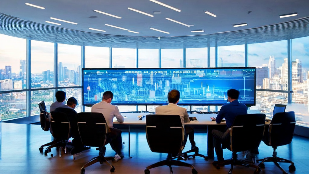 Modern office in a futuristic city where technicians use AI to analyze customer behavior and optimize email marketing acquisition paths