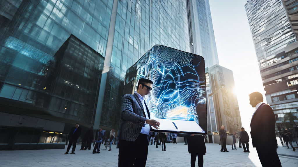 Young entrepreneur in downtown using a tablet to showcase e-commerce visuals created by Freepik Seedream 4.0