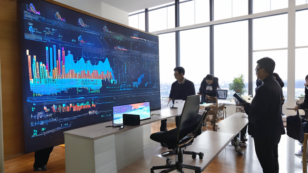 Scene in a modern office showcasing the AI marketing system, with high-quality stereo audio generated by Stability AI and Arm playing nearby.