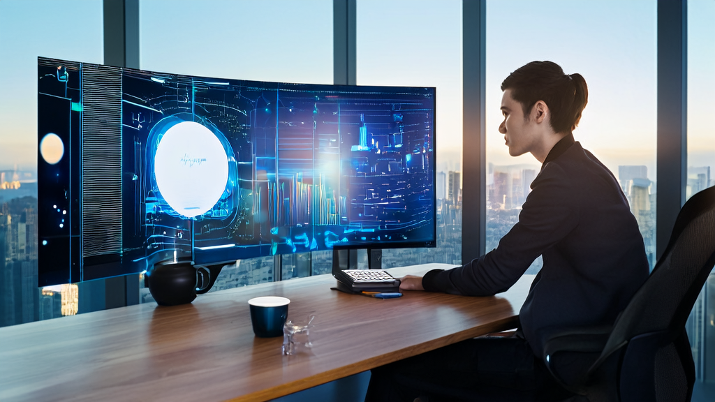 A young entrepreneur in a modern office using an AI-driven marketing system for personalized email campaigns