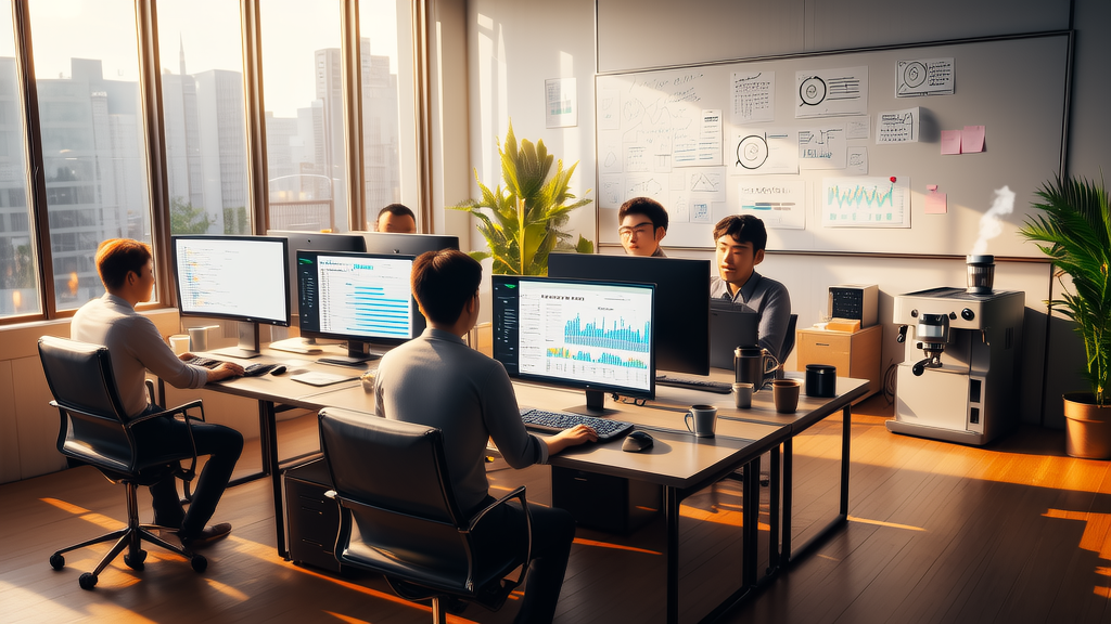 AI marketing team working diligently in a modern office, with screens displaying Twitter data and generative AI tools