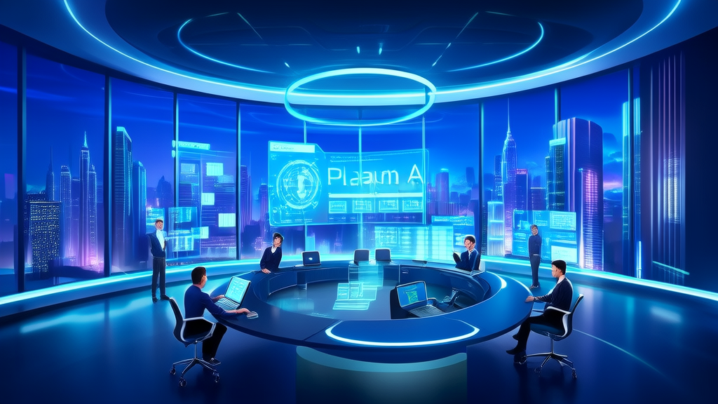 A modern office filled with tech elements, where programmers are discussing the Ant Group's "Plan A" project, with a backdrop of a bustling city night view.