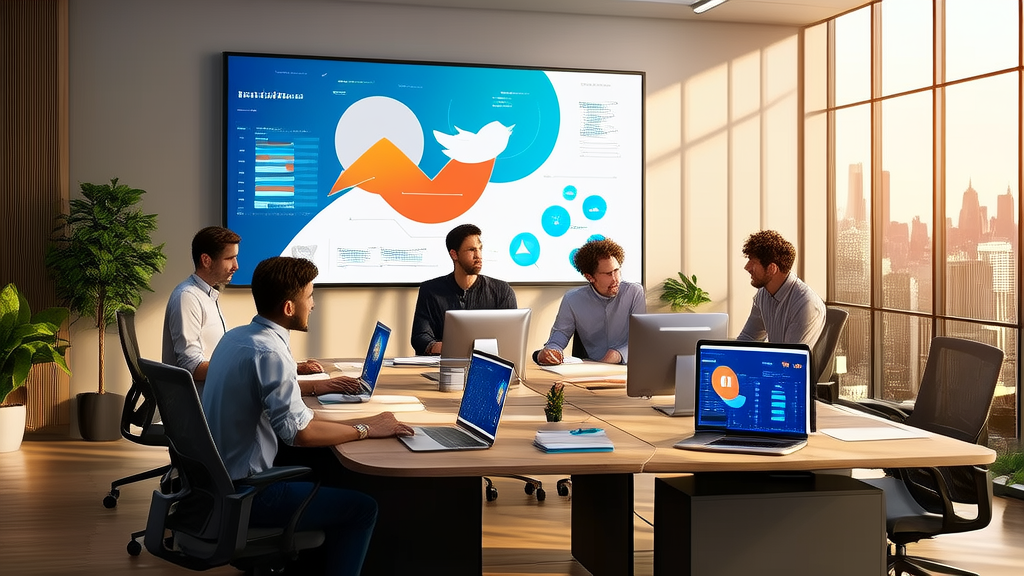 现代办公室中，营销团队正在使用EmaFusion分析Twitter数据，阳光透过窗户照进室内。