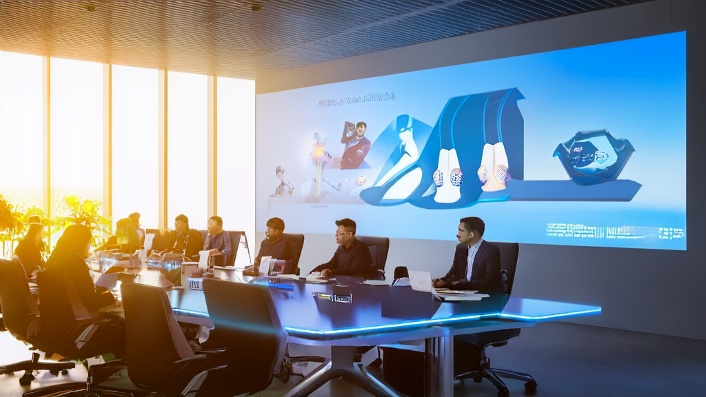 A modern office where an AI marketing team is discussing strategies to optimize email marketing and improve customer conversion rates.