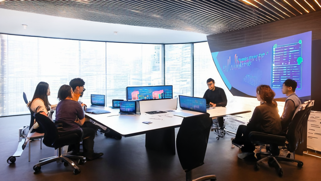 现代化办公室中，年轻创业者们正在使用DeepSeek R1模型进行AI营销数据分析