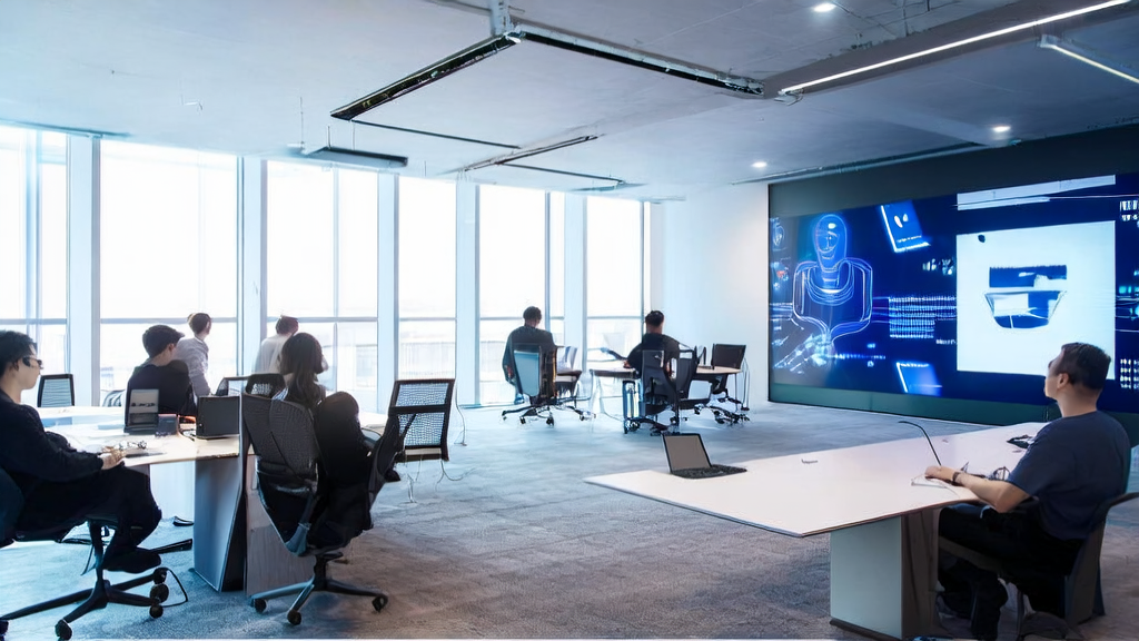 In a modern office bathed in sunlight, designers and developers are working on creative projects using the Jaaz open-source AI design tool.