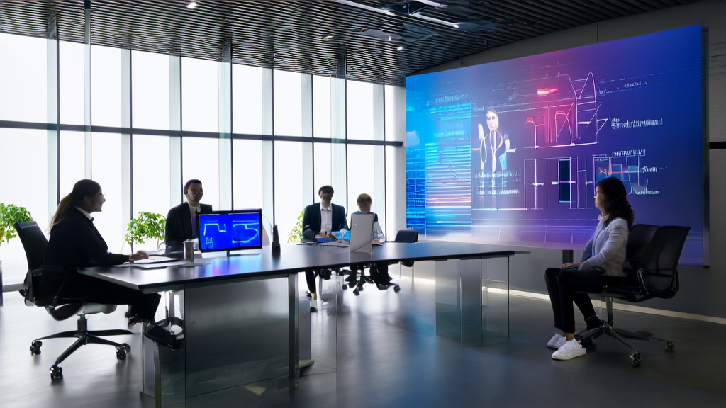 In a modern office, a marketing team is analyzing data using an AI prediction model, with a poster of Google's Doppl app on the wall