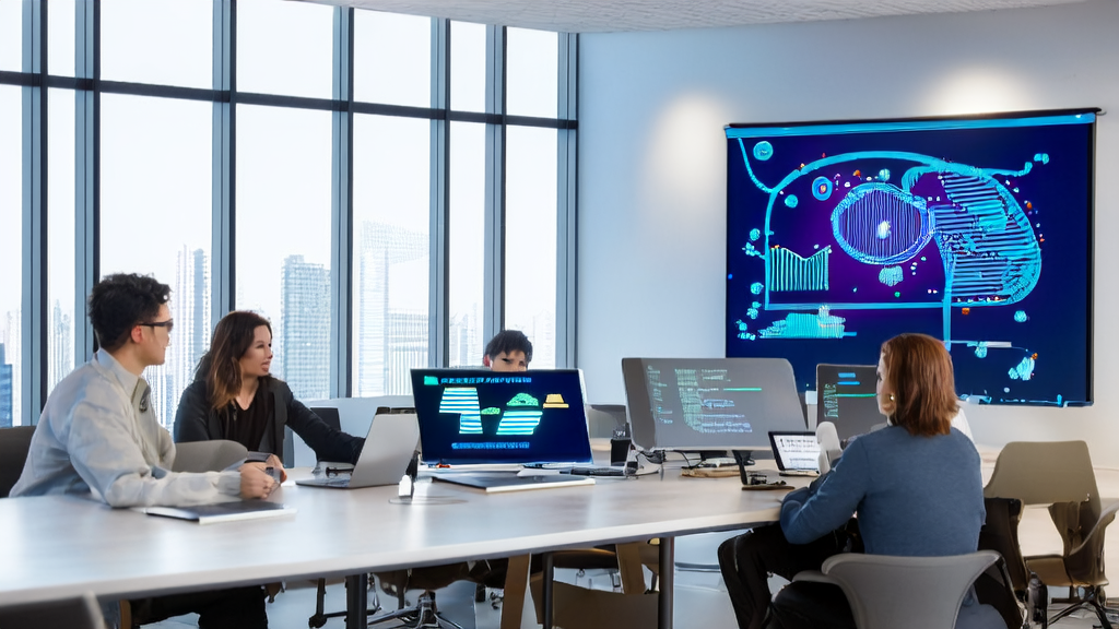 A modern office where an AI marketing team is using Zhipu AI Slides to create professional PPTs, with sunlight streaming in through the floor-to-ceiling windows, illuminating a hopeful future.