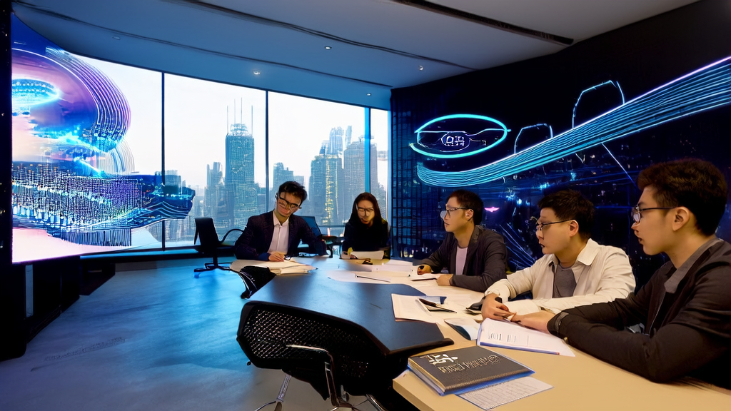 A modern office where an AI marketing team is discussing complex models and technological innovations