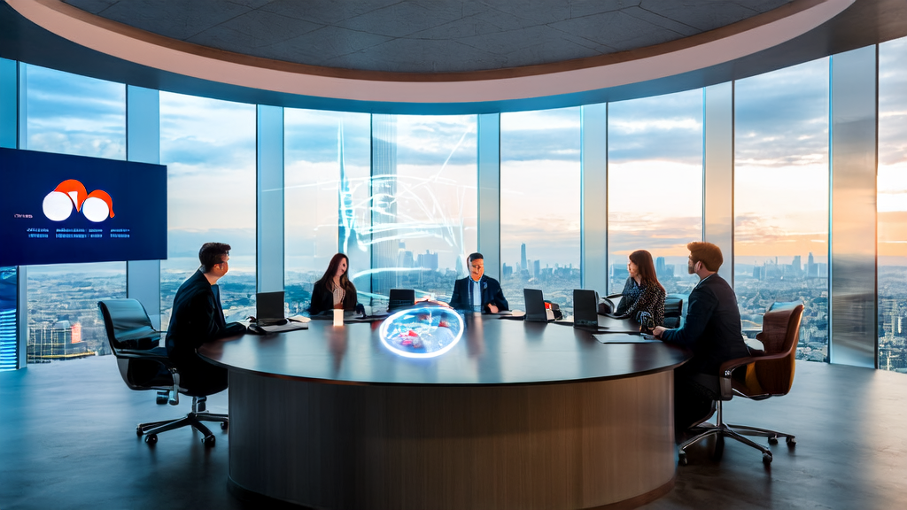 A modern office where an AI marketing team discusses customer acquisition solutions while keeping an eye on the Google Gemini security vulnerability
