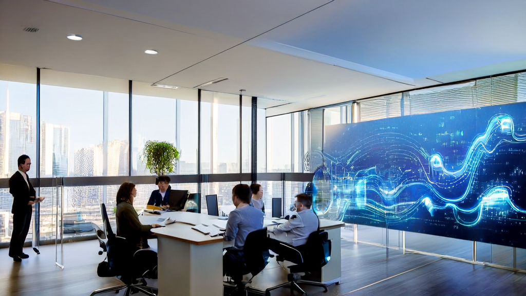 现代化办公室中的营销团队正在使用Kimi的AI幻灯片生成器进行超个性化邮件营销分析