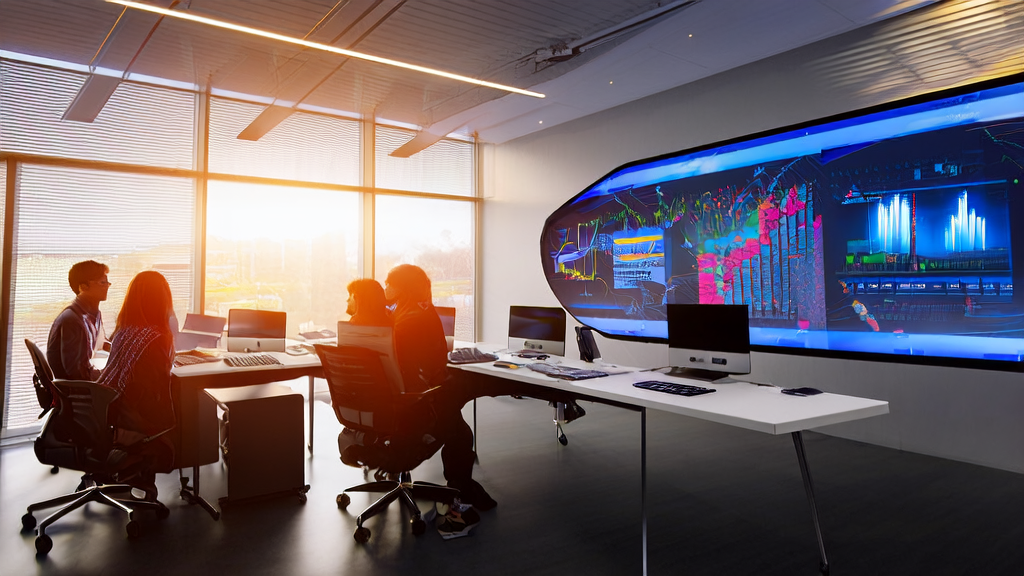 In a modern office, team members are discussing AI-based high-conversion email strategies with the Perplexity Labs interface in the background.