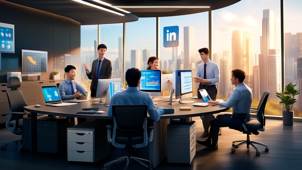 现代化办公室中，营销专家们正在讨论AI+营销的新趋势，背景墙上有LinkedIn标志，窗外是城市景观。