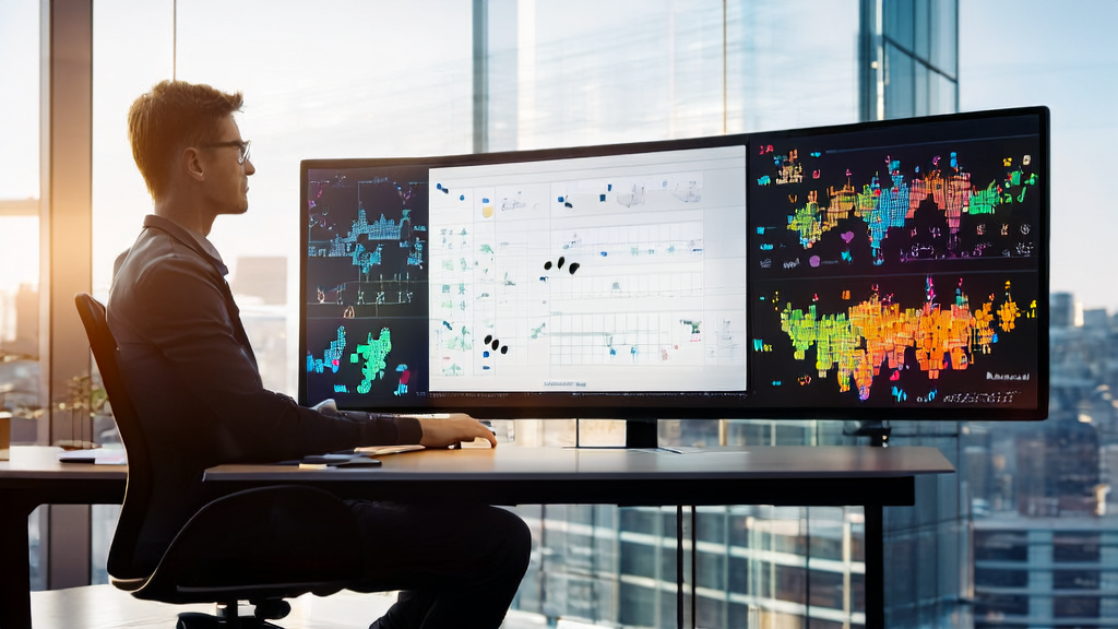 年轻创业者在现代化办公室中使用Claude Code Workflow Studio进行AI客户预测和邮件营销自动化