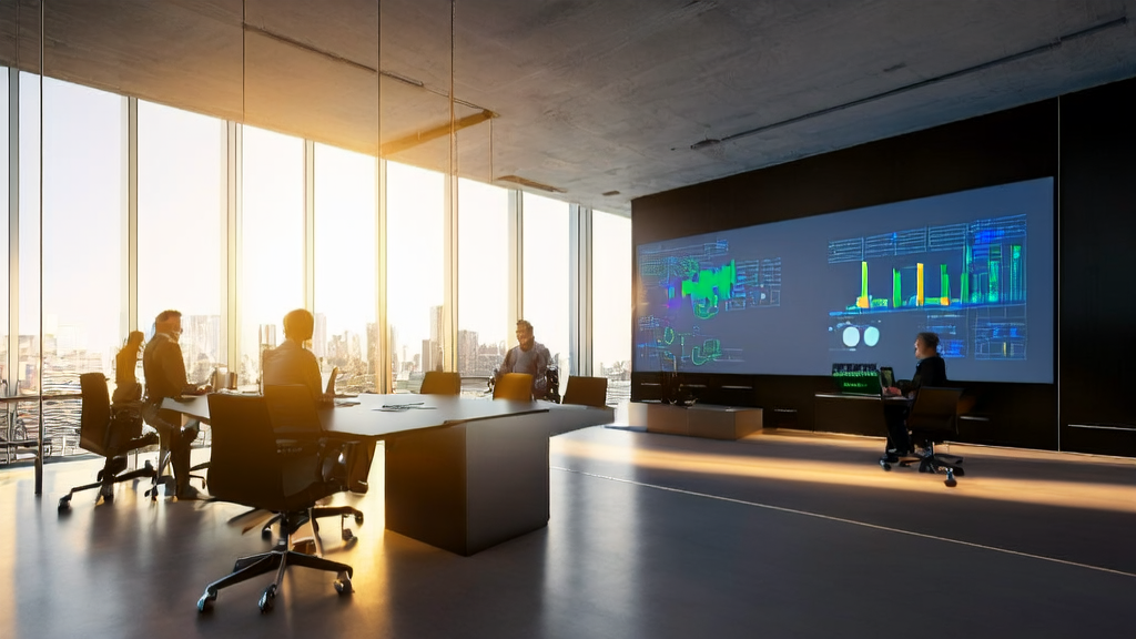 现代化办公室内的员工正在使用最新苹果设备和LinkedIn进行AI客户采集分析