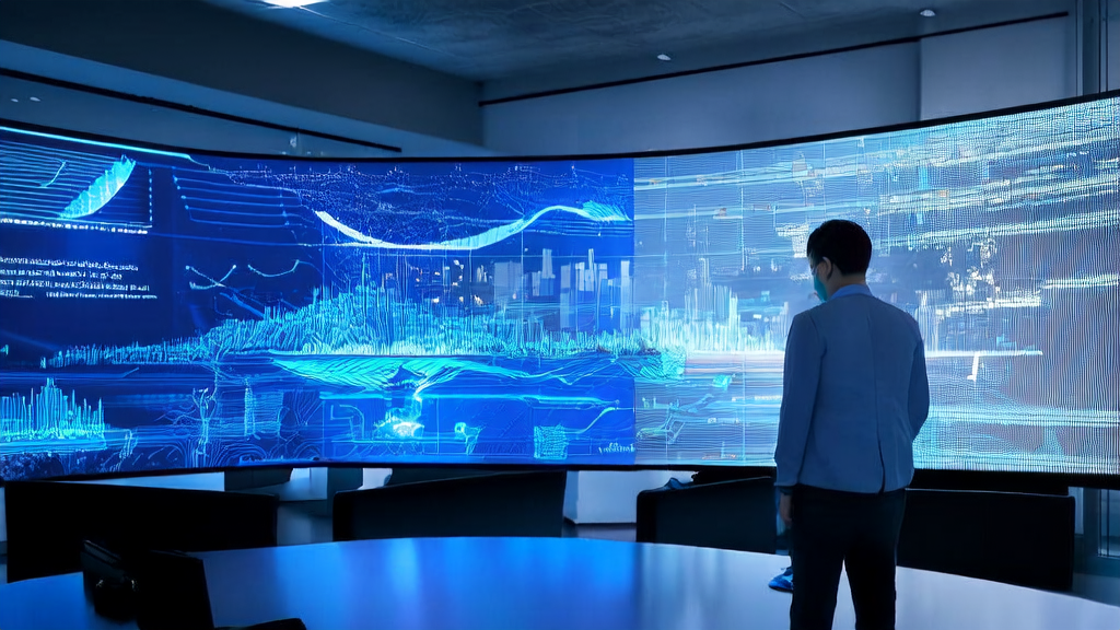 现代化办公室中，分析师们正在使用AI技术优化广告投放策略，窗外是繁华的城市夜景。