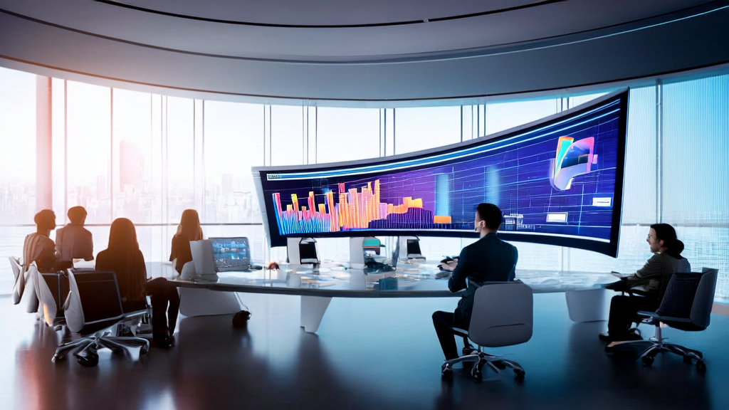 现代化办公室中，团队利用AI驱动的Office-PowerPoint-MCP-Server生成专业PPT报告