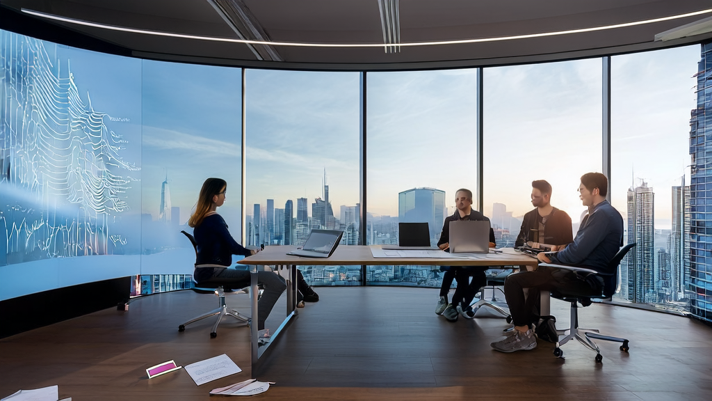 A team in a modern office is studying an AI prediction model, with the city skyline in the background.