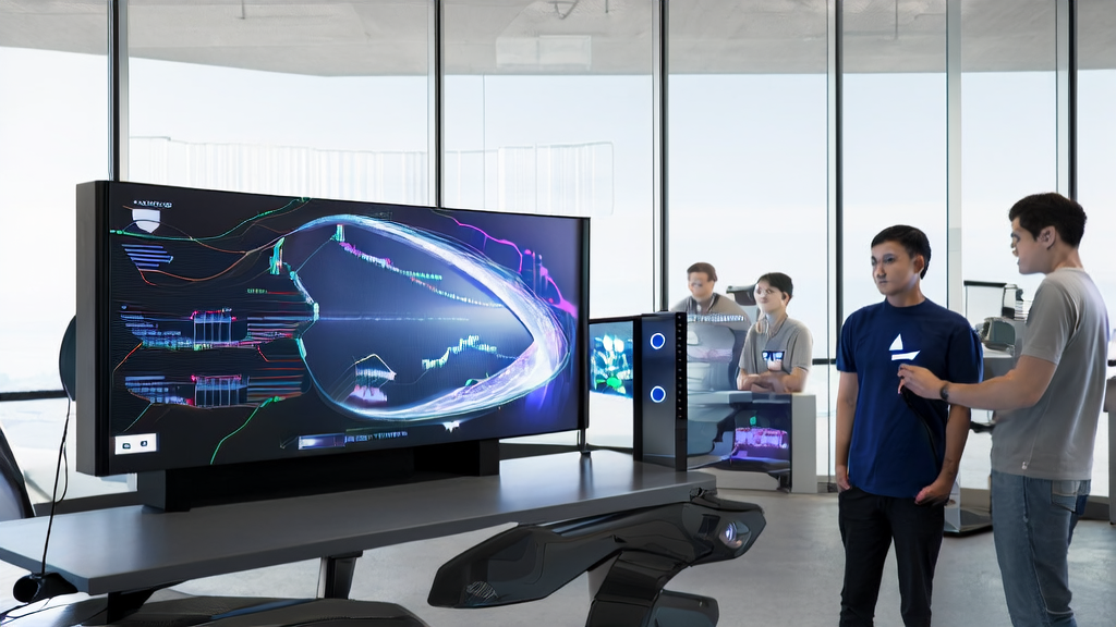 In a modern office, programmers are analyzing data from an AI prediction model, with a Tesla smart cabin simulator nearby.