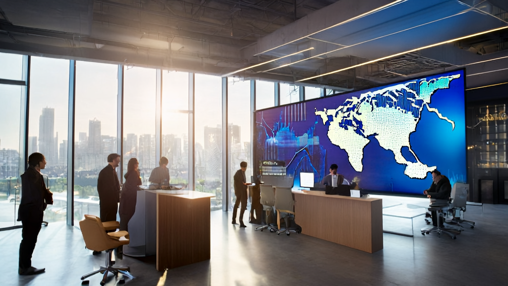 现代化办公室中员工正在使用AI客户预测模型进行数据分析