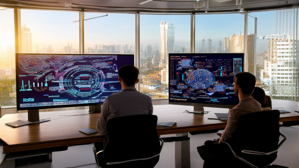 Modern office where programmers are optimizing an AI sales leads generator using Huawei's Pangu Model 5.5