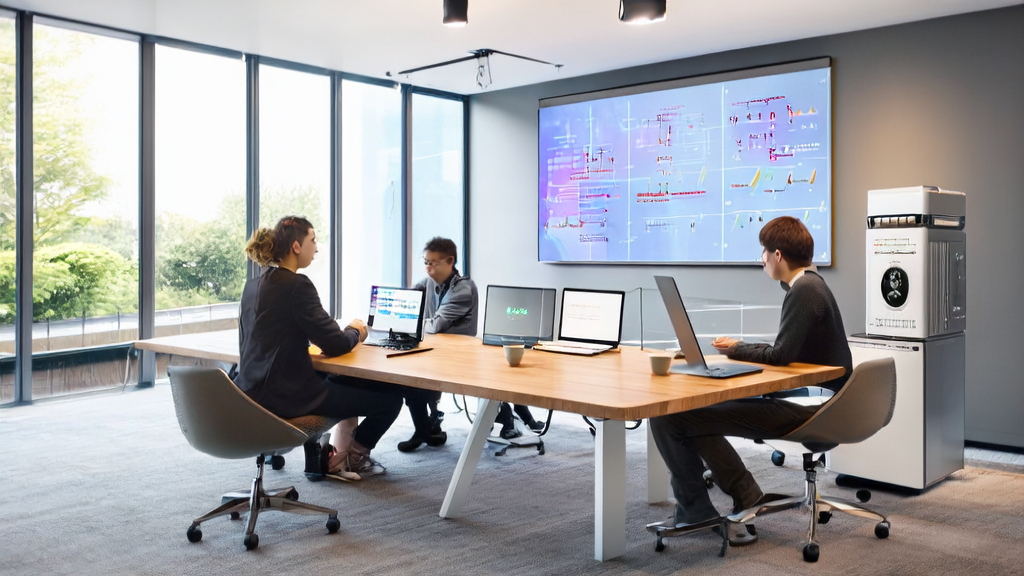 Scene of creating a PPT presentation with AI Slides in a modern office