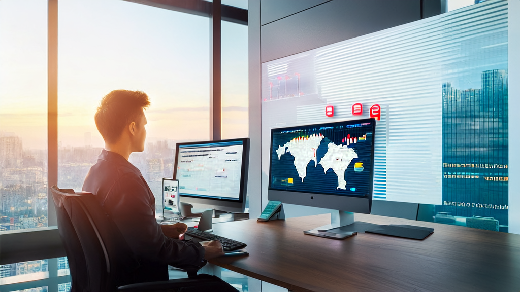 Young export salesperson in a modern office using AI software for client acquisition and data analysis