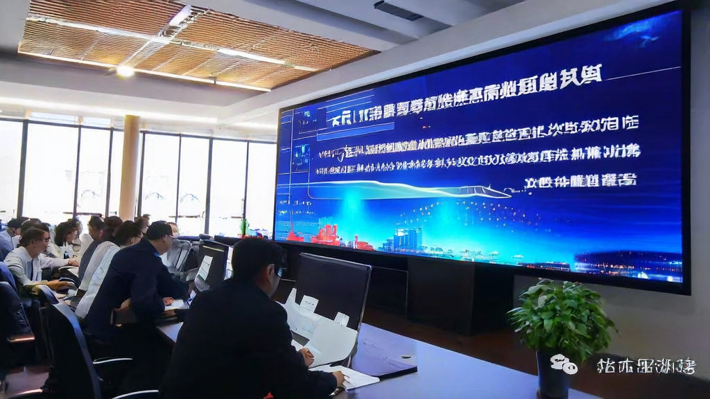 In a modern office, foreign trade staff are using AI software for customer acquisition, with SenseTime platform interface displayed on the big screen.