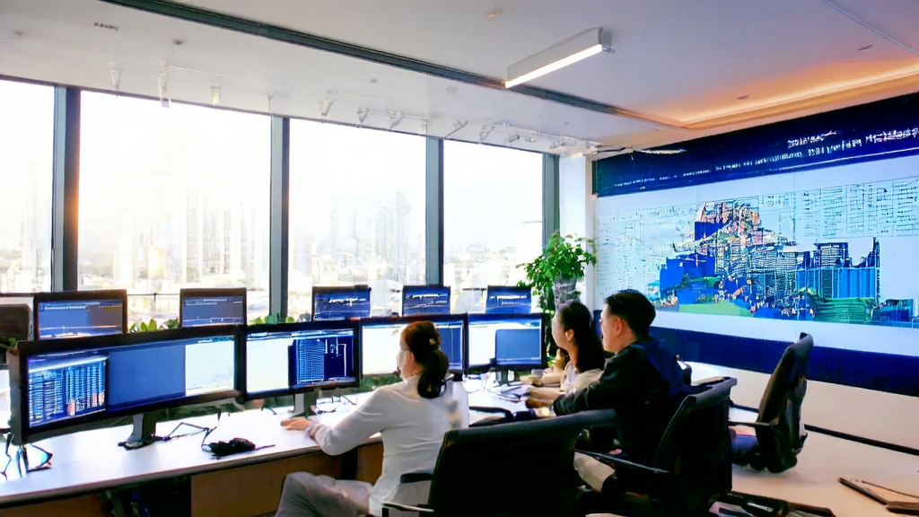 现代化办公室内的员工使用外贸AI软件和谷歌地图进行客户数据采集与分析