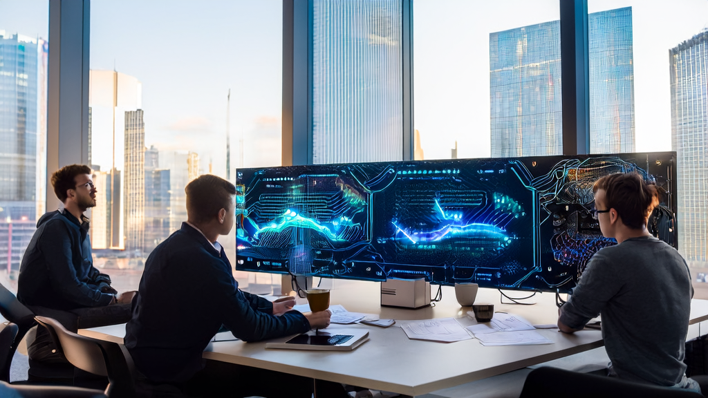 现代化办公室中，团队正在使用Barracuda多模态AI技术分析LinkedIn客户数据，专注于外贸B2B营销。