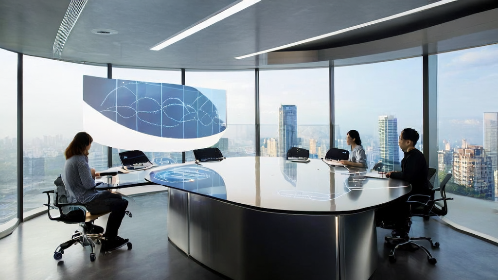 现代化办公室内的专业人士正在讨论AI技术的应用