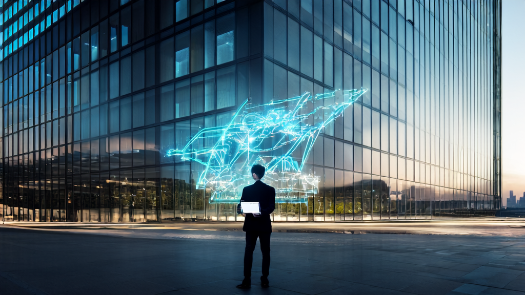 A young entrepreneur in front of a modern office building uses a smart tablet for video conferences with global clients, with a busy city skyline and a large AI icon in the background.