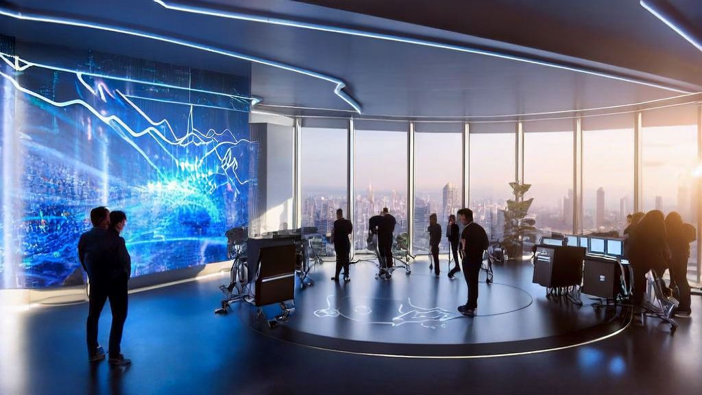 Employees in a modern office using AI technology for customer data analysis