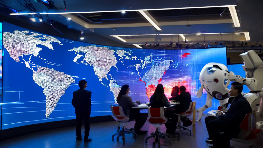 In a modern office, employees use AI technology to analyze market and customer data, enhancing trade acquisition efficiency