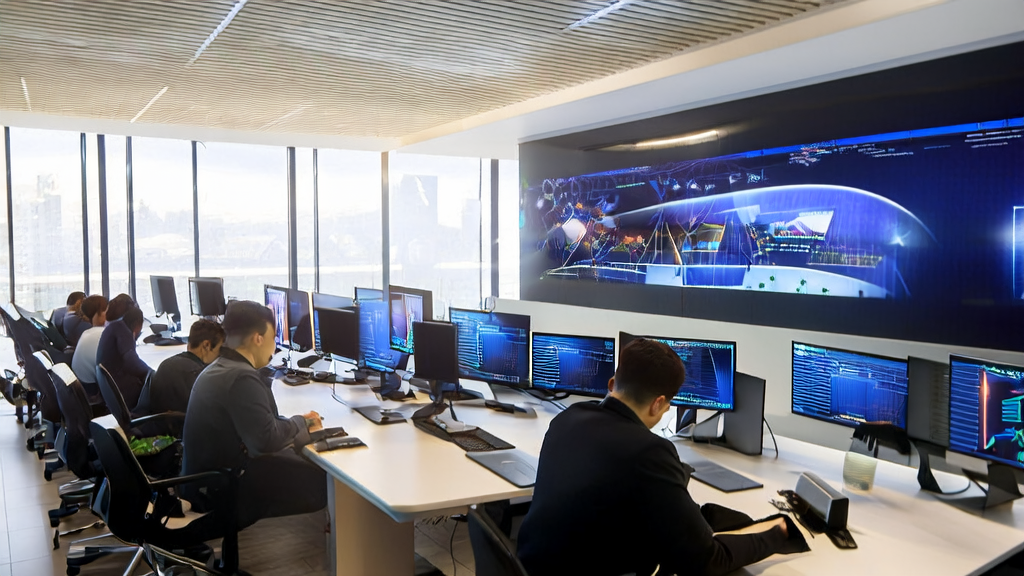 Scene of employees in a modern office using AI technology to process international trade emails and generate videos