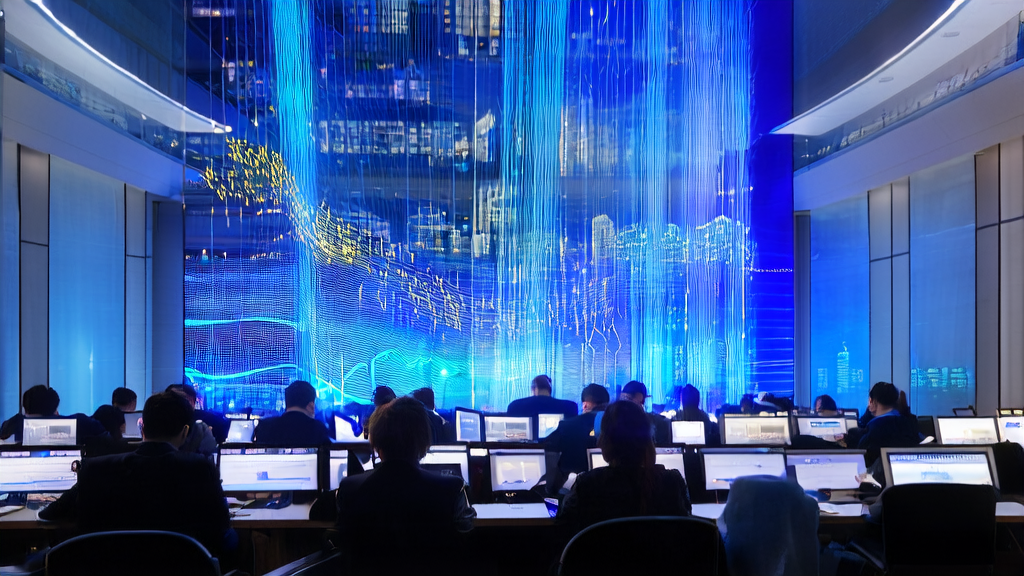 现代化办公大楼中，员工们利用AI智能获客系统高效工作，京东发布的开源安全框架JoySafety保障数据安全。