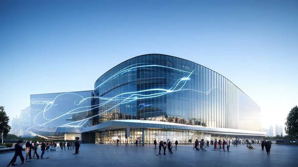 现代化办公大楼中的人们使用微软Teams的AI助手Channel Agent进行高效协作，背景是跨境电商数据流。