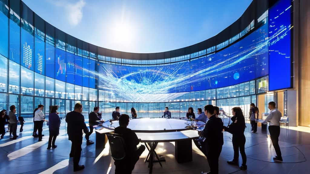 阳光明媚的现代办公园区，大厦内工程师讨论AI客户预测模型的应用